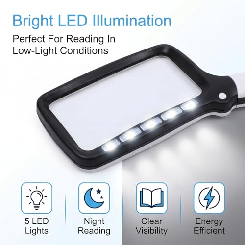 Image of 2X Rectangular Handheld Reading Magnifying Glass with Light, Folding Handle, 5 LED Lighted Magnifying Glass for Reading,Seniors, Low Vision, Macular Degeneration, Hobbyists (Black and White)