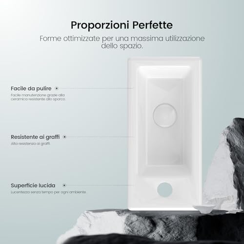 EMKE Aufsatzwaschbecken 365 x 180 x 90 mm - kompaktes und elegantes Waschbecken für kleine Badezimmer und Gäste-WCs - Armatur links, Wandmontage, Weiß glänzend