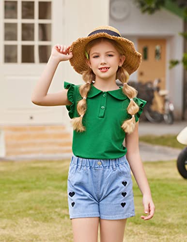 Flypigs Girls Casual Ruffle Sleeve T-Shirt Cute Summer Blouse For Girls Polo Peter Pan Collar Button Tops Blouse Tee Green #TOP1