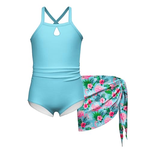 LQSZ Girls Swimwear One-Piece Quick-Dry Cover Up Swimsuit with Wrap Skirt Bathing Suits for Age 3-12T - Main Image