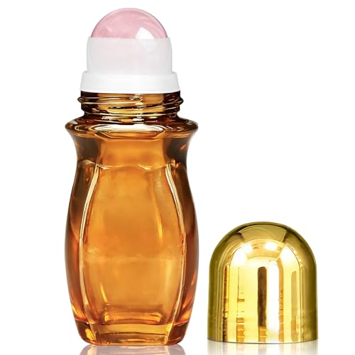 Warmify Rose Quartz Roller Bottles for Essential Oils 50ml Refillable Waist Amber Glass Roll On Bottles with Natural Crystal Roller Balls Leak-Proof Travel Perfume Bottle with Gold Caps