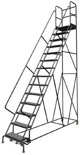 Image of Tri-Arc KDSR114246-D2 14-Step 20 inch Deep Top Steel Rolling Industrial & Warehouse Ladder with Handrails, 24 inch Wide Perforated Tread