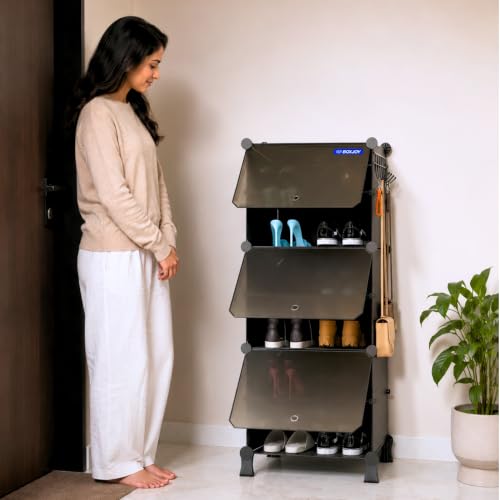 Image of BOXJOY 6 Shelf Black Shoe Rack with 3 Doors, 5 Hook Steel Holder & Wooden Hammer Home Storage PP Plastic Organizer with Metal Door Frame and Foots for Chappal Slipper Sandals Shoes Box Stand