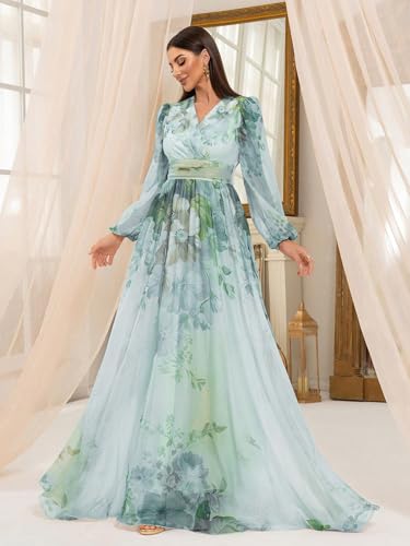 Image of TOLEEN Summer Casual Dresses for Women 2024 Spring Fashion Boho V Neck Long Sleeve Ruffle Floral Print Elegant Maxi Dress