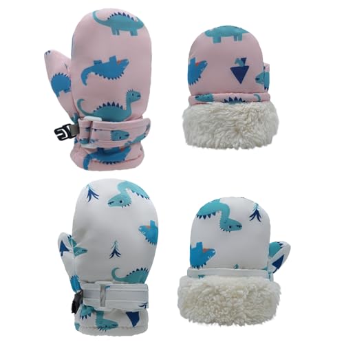 SmztTrend Toddler Mittens Waterproof Fleece Lined 2 Pack Toddler Winter Gloves Warm Snow Gloves for Baby Boys Girls (Dinosaur-White+Pink, 2-4 Years)
