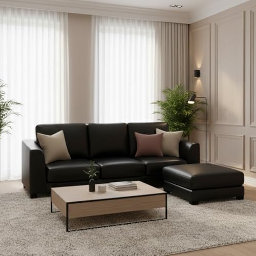 Image of FURNY Revona 4 Seater L Shape Sofa Set with Movable Ottoman | Flexible Left or Right Layout | Premium Leatherette Upholstery (Black) | Perfect for Living Room, Guest Room & Office