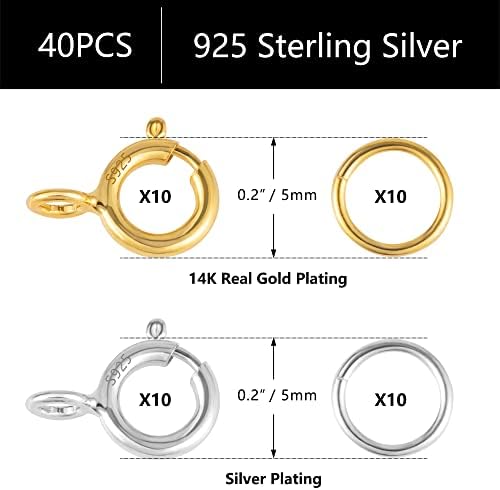 925 Sterling Silver Clasps for Jewellery Making, 40PCS Gold and Sliver Spring Clasps Open Jump Rings Gold Plated 5mm Round Clasps Connectors, Clasps for Necklace Bracelet Making