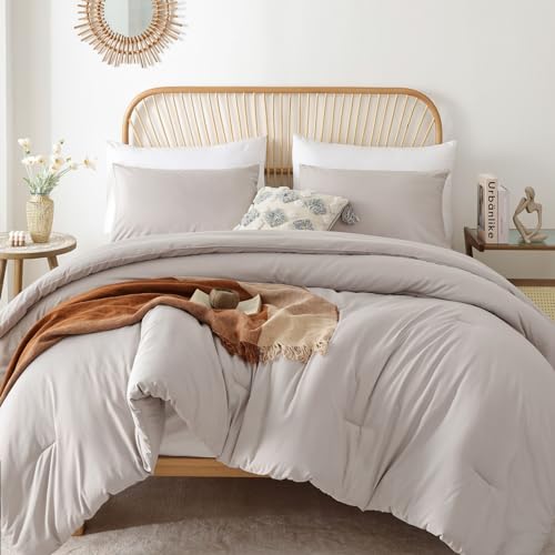 Image of ROSGONIA Queen Comforter Set Linen Grey, 3pcs Queen Size Comforter(1 Boho Gray Comforter & 2 Pillowcases) All Season Lightweight Bedding Blanket Quilt