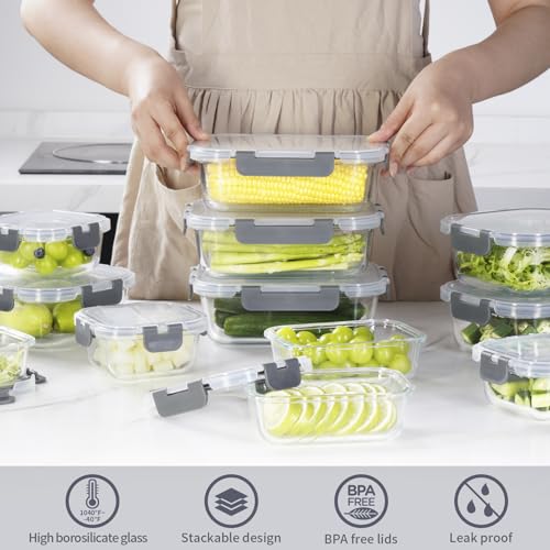 Image of AILTEC Glass Food Storage Containers with Lids, [18 Piece] Glass Meal Prep Containers, Containers for Food Storage with Lids, BPA Free & Leak Proof (9 Lid & 9 Container) (gray)