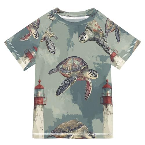 Boys Short Sleeve T-Shirts Watercolor Turtles Lighthouse Rashguard Kids Swim Shirts Sun UPF 50+