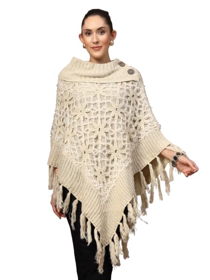 mafadeny Cowl Neck Crochet Poncho with Button & Fringe Trim-picture-54