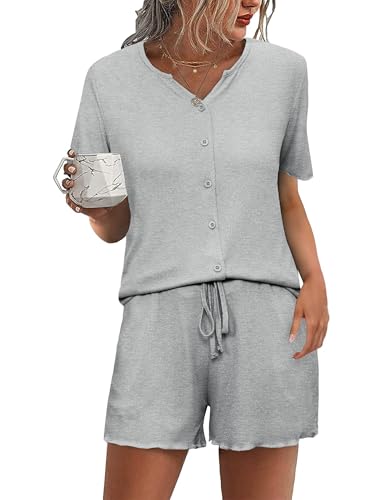 Demegimi Pyjama Damen Kurz Schlafanzug Damen Baumwolle Pyjama Set V-Ausschnitt Zweiteiliger Nachtwäsche Shorty Urlaub Sleepwear mit Knopfleiste