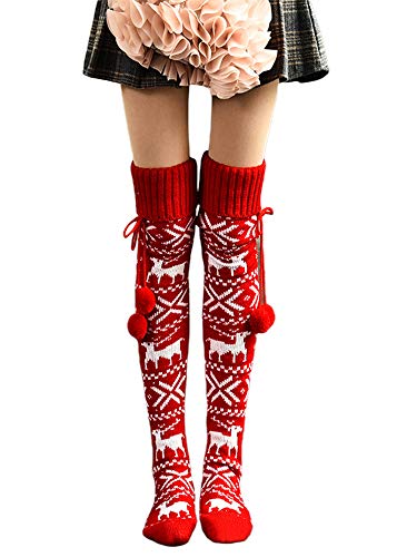 Women Christmas Over Knee High Winter Boot Socks Warm Long Thigh Leg Warmers Stocking (A- Red)