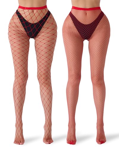 Tiger Wang Fishnet Stockings for Women 2-Pack: Red Tights (Large/Small Mesh) | Carnival Cosplay & Sexy Stockings for Women