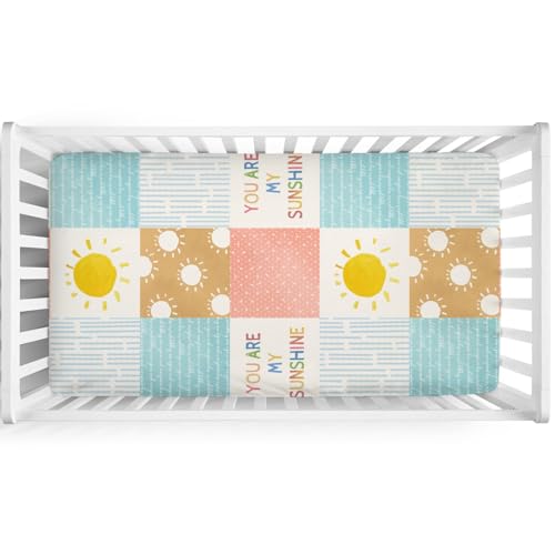 Image of Colorful Boho Sun Baby Crib Sheet 52''x28'' Cute Sunshine Stripes Stretchy Fitted Mattress Sheets for Boy Girl Letters Quote Nursery Toddler Bed Sheets for Standard and Toddler Mattress