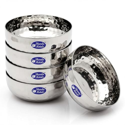 Image of Sharda Metals Hammered Stainless Steel Side Plates | Mathar Plates for Rice Snacks Poha Halwa Dessert Breakfast | Durable Small Serving Plate for Kitchen & Dining Essentials, 4.5 Inch - Set of 6