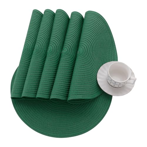Image of SHACOS Dark Green Round Placemats Set of 6 Cotton Polyester Braided 15 inch Washable Kitchen Dining Table Place Mats Christmas Table Mats for Home Wedding Party Decor