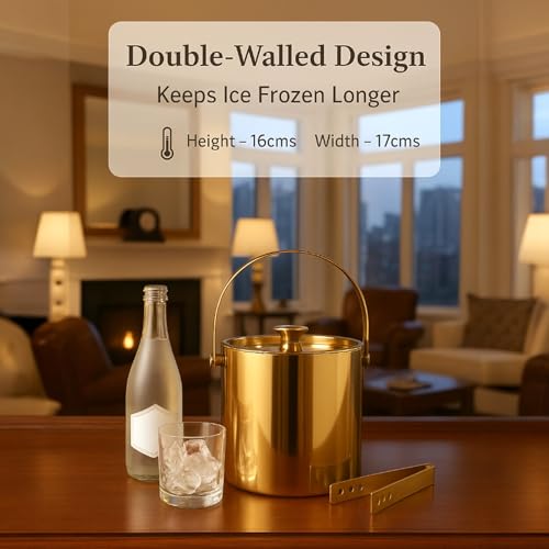 Image of Shiny PVD Gold Stainless Steel Double Walled Ice Bucket with Tong (1.7 litres) | Insulated Ice Box Small, Ice Cube Box | Wedding for Couple, Home Bar Gift Set