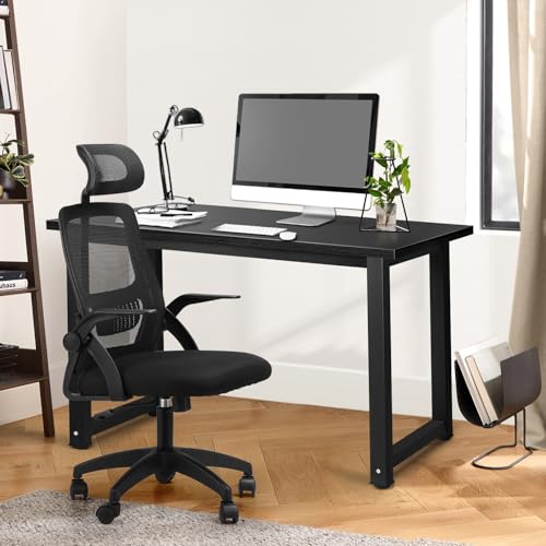 Oikiture Office Desk and Chair Set with Metal Frame Computer Desk and Ergonomic Office Chair Black