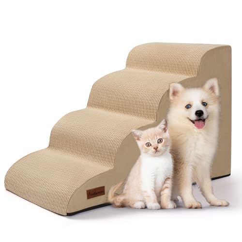 Image of Aodisman Dog Steps for Bed or Couch,4-Step Pet Stairs Ramp for Small Dogs | 17.4 inch H Indoor Non-Slip Dog Stairs Help Senior Dogs,Short-Legged Breeds,Puppies and Cats to Reach Beds and Chairs,Grey,Khaki