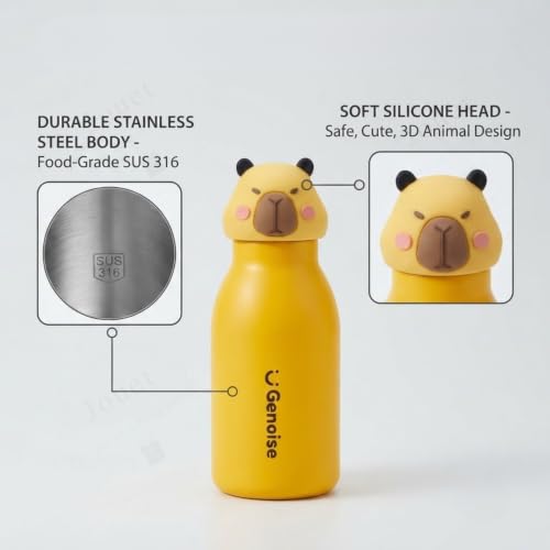 Image of JOUET Kids Stainless Steel Water Bottle 450ml with Yellow Capybara Character Lid, Leakproof Straw Bottle for School, Travel & Daily Use