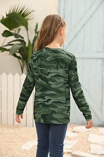 Image of Girls Camouflage Stripe Short Sleeve Shirts V Neck Criss Cross Tees Sweat Kids Casual Sport Tops Blouse(4-15T)