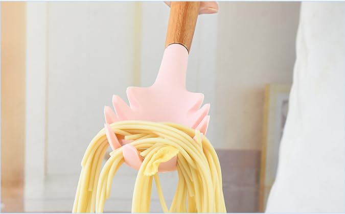 Nudelgabel mit Holzgriff, 31,5 cm, Silikon, Spaghetti-Gabel, Lebensmittelqualität, BPA-frei, Spaghetti-Löffel, Sieb und Servierlöffel (Rosa)