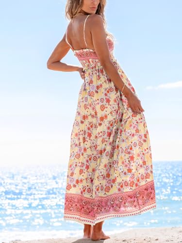 Image of CUPSHE Women Spaghetti Straps Boho Maxi Dress Summer Sleeveless Smocked Floral Beach Long Dress Flowy Cruise Vacation Outfits