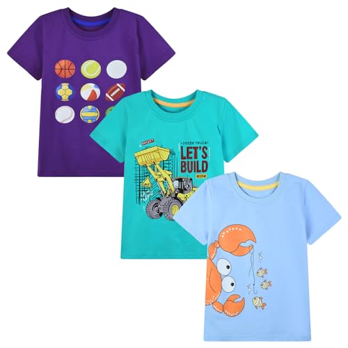 Image of HILEELANG Toddler Boy Short Sleeve Tee Shirts Summer Cotton Casual Graphic Crewneck Tshirt Packs