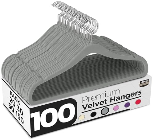 Utopia Home Velvet Hangers 100 Pack - Non-Slip 360° Hangers (Grey)