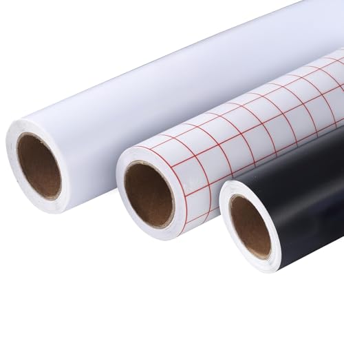 Juego de Láminas Adhesivas de Vinilo 30,5 × 300cm - 2 Rollos de Láminas para Plotter Vinilos Autoadhesivo Blanco Negro + 1 Rollo de Laminas Transferencia para Tazas Regalos Decoraciones Manualidades