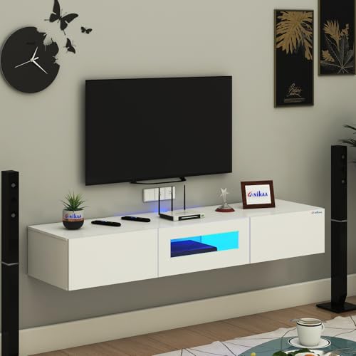 Image of Anikaa Lucen Wall Mount Modern Floating TV Unit for Living Room | 3 Closed Storage cabinets with hinged Door - Blue Color LED Light | Ideal for UP to 65 Inch TV (White Finish - DIY Installation)