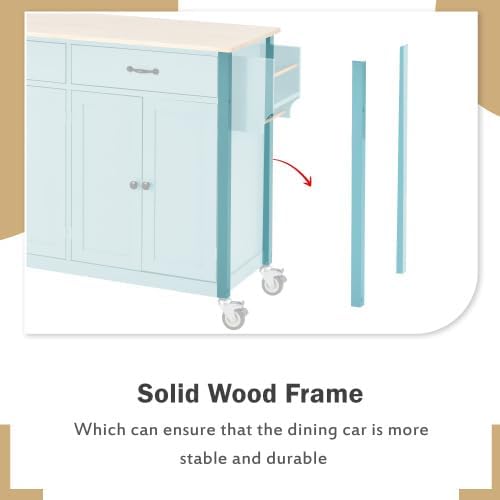 Miniatura 6 de Carrito de isla de cocina con parte superior de madera maciza y ruedas de bloqueo, 54.3 pulgadas de ancho, armario de 4 puertas y dos cajones,