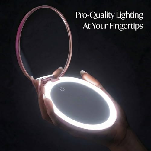 Image of Fancii Taylor LED Lighted Travel Makeup Mirror, Rechargeable, 10x /1x Magnifying, Tru-Glow Lighting System, XL Large 5 inch Wide | Compact Mirror for Purses (Berry Lemonade)