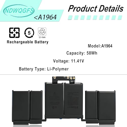 Image of A1964 A1989 Battery Replacement for MacBook Pro 13 inch (Mid 2018, 2019) A2251 (2020) 58.2Wh 11.41V Li-Polymer Compatible with EMC 3214 3358 3348 MR9Q2LL /A MWP42LL /A