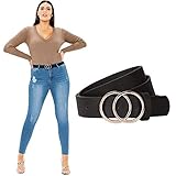 JASGOOD Women Leather Belt Plus Size PU Leather Waist Belt for Jeans Pants with Double O Ring,A-black, Fit Size 50'-56'