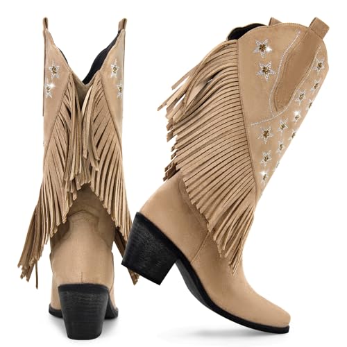 richealnini Mid Calf Fringe Cowboy Boots Glitter Rhinestone Western Cowgirl Boots with Tassel Pull On Stacked Heels Prom Wedding Shoes Dressy4
