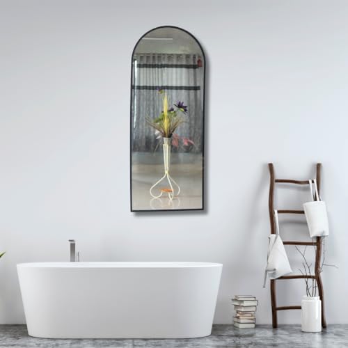 Image of Quality Glass Modern Elegance Semi Circle Wall-Mounted Mirror Metal Framed Wall Mirror Bathroom Mirror Living Room Mirror Home Decor Mirror 24 x 60 Inches Color Black MF 88