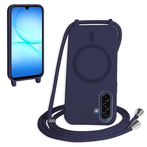 FMPCUON Magnética Funda con Cuerda para Samsung Galaxy A17 Compatible con Magsafe,TPU Antigolpes Protectora Silicona Case Carcasa con Ajustable Cordon Colgante Cadena,Azul