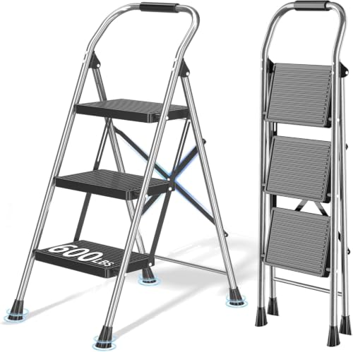 600Lbs Heavy Duty Step Ladder Foldable Folding Stool - for Home Adults Kitchen 3 Stepping Extension Tall with Handrails - Closet Stepstool Stair Ladders Extendable Stepladder for Indoor House
