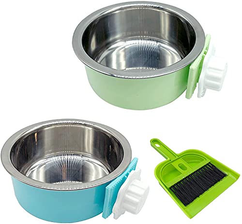 Tfwadmx Crate Dog Bowl Cat Removable Stainless Steel Food and Water Feeder Hanging Cage Bowls Coop Cup with Cleaning Set for Pet Puppy Bird Rat Guinea Pig Ferret Bunny Rabbit 2Pcs