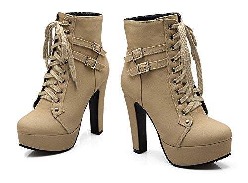 Minetom Mujer Moda Otoño Invierno Puntera Redonda Estiletes Cremallera Lace-Up Tobillo Botas Color Sólido Zapatos de Tacon Beige EU 36