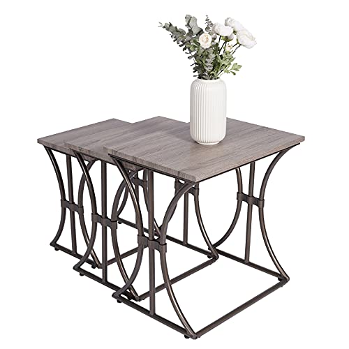 KATDANS Nesting Table Set of 3, Stacking End Table-Small Coffee Table Set of 3, Modern Living Room Accent Table Set of 3, Weathered Oak Tabletop-Bronze Base, KS663O