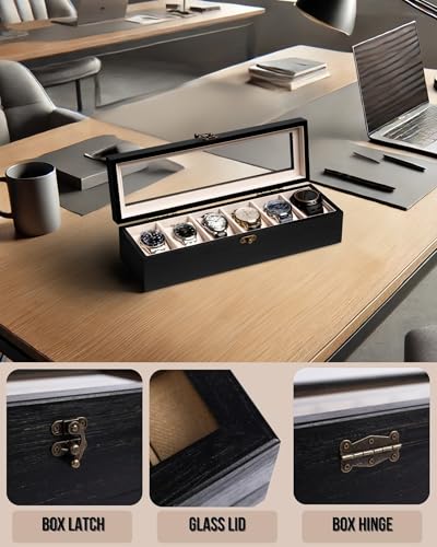 Exper City Watch Box, Watch Case for Men Women with Large Glass Lid, Wooden Watch Display Storage Box with 6 - Slots, Black Mens Watch Box Organizer 2 41zuDXe95OL. SL500