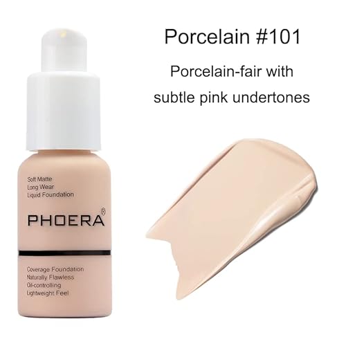 Abrus® - Phoera Foundation And Concealer, Soft Matte Full Coverage, 24Hr Long-Lasting, Oil-Free, Vegan, Waterproof, Kabuki Brush Included (101 Porcelain) #TOP1