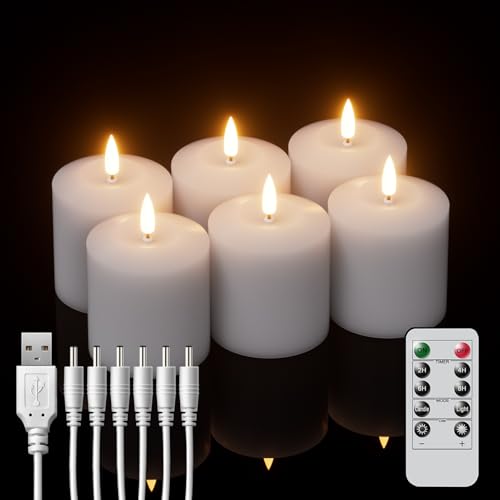 Image of GenSwin Rechargeable Tea Lights Battery Operated, Rechargeable Candles with Remote Timer, LED Tea Lights with Charging Cable, 6 Pack Real Wax LED Votive Candles for Home Decor (White, 2 x 3.2 Inch)