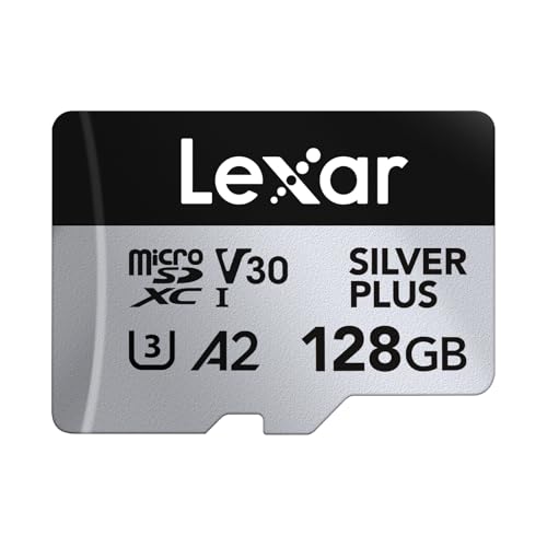 Lexar Tarjeta Micro SD Silver Plus de 128 GB de hasta 205 MB/s, tarjeta de memoria flash MicroSDXC UHS-I con adaptador, C10, U3, A2, V30, Full HD, 4K UHD, tarjeta TF de alta velocidad para dron