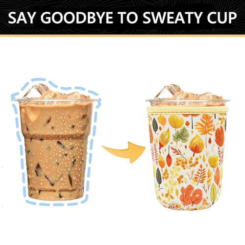 Image of YR Reusable Neoprene Insulator Sleeve for Iced Coffee Cups, 3 Pack Coffee Coolies sleeves for Iced & Hot Drinks, Cold Beverage Cooler Compatible with Starbucks Coffee and More (Fall Leaves)