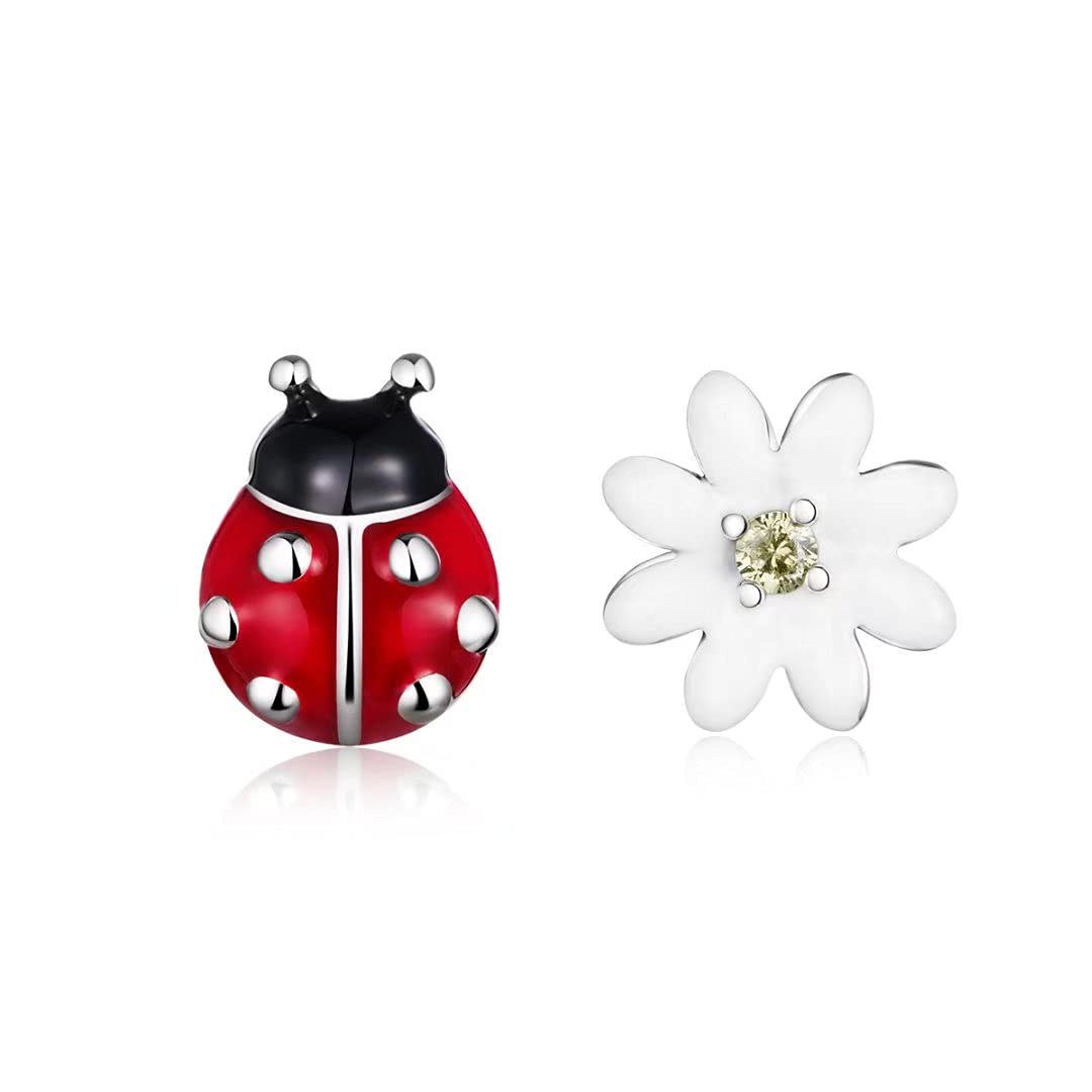 QingsPendientes Mariquita Plata 925: Roja Insecto Margarita Blanco Flor para Niñas Preadolescentes Mujer Aretes Asimétricos Lindos Pendiente Regalos de Cumpleaños