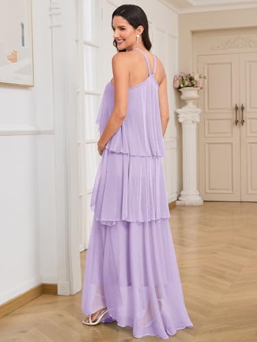 Image of AISWI Maternity Halter Neck Maxi Dress Sparkly Mesh Tiered Ruffle Pregnancy Gown with Flower for Baby Shower Photoshoot